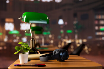 Empty library with a great research collection at a higher education school, university campus with an educational designated space for learning and solving academic assignments. Student life.