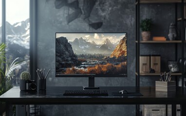 Fototapeta premium Stylish monitor mockup placed on a black glass desk, modern industrial-style workspace with neutral colors