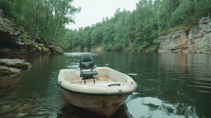 Calm river, small boat, forest backdrop, peaceful scene, nature photography
