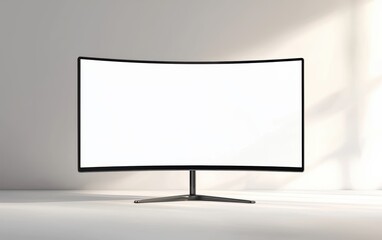 Fototapeta premium Stylish ultra-wide monitor mockup, premium metal base, blank screen ready for design, isolated on a bright white surface
