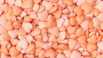 Beige and coral pink hearts background for Valentine's Day. Pile of hearts. Romantic backdrop. 3d render illustration