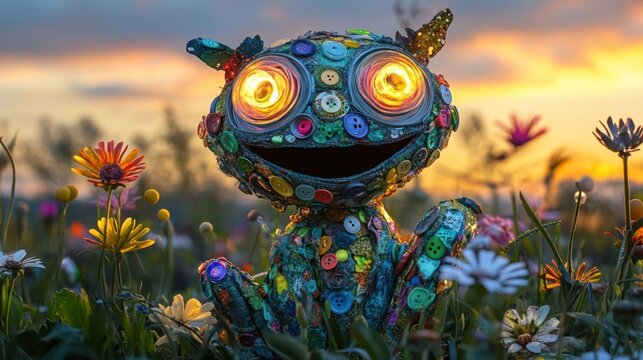 Fantastical digital depicting a colorful whimsical and bizarre creature or character composed of various organic and abstract elements set in a lush vibrant floral meadow at sunset