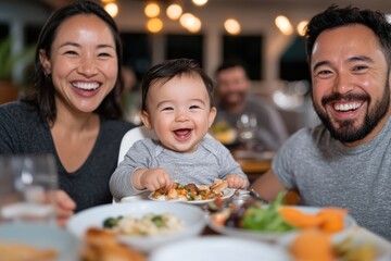 In a warm setting, a happy family shares laughs and food, highlighting the importance of togetherness and love during mealtime in a modern environment.