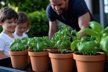 A father and his children delight in gardening activities, emphasizing family bonding and the joys of nature, fostering valuable lessons about care and nurturing.