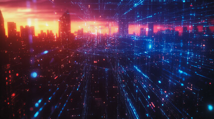 Obraz premium smart, digital, city, connection, network, reciprocity, Smart digital city with connection cyber security network reciprocity over the cityscape . future smart wireless digital city and social media n