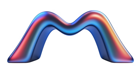 Abstract iridescent letter M 3D rendered flowing metallic design vibrant colors graphic element