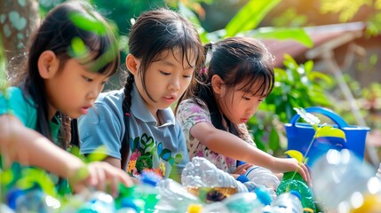 A group of children engaged in recycling activities outdoors, sorting plastic and other waste into bins, promoting eco-awareness..