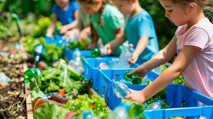 Young children participate in an outdoor activity, sorting plastic bottles and cans into recycling bins while surrounded by greenery..