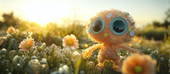 A whimsical fantasy inspired creature with large eyes and a colorful patterned body rests amidst a field of daisies and other vibrant wildflowers bathed in the warm glow of a sunset