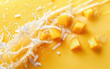 A bold orange splash of mango yogurt with floating mango chunks and coconut flakes, creating a vibrant effect on a pastel yellow surface