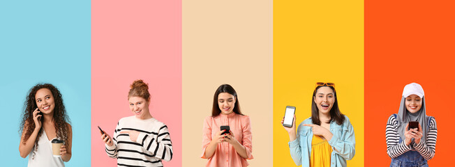Obraz premium Set of women with mobile phones on color background