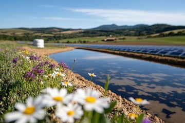 Obraz premium A picturesque scene with daisies blooming along the water's edge, framed by solar panels, symbolizing the synergy between nature and sustainable energy.