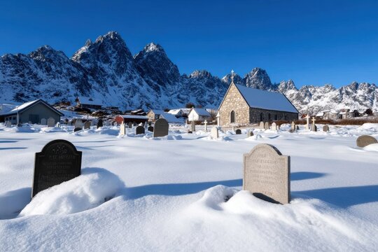Snow blankets a historic cemetery, adding contrast to the stone church and majestic snow-capped mountains under a bright blue sky, conveying a sense of peace.
