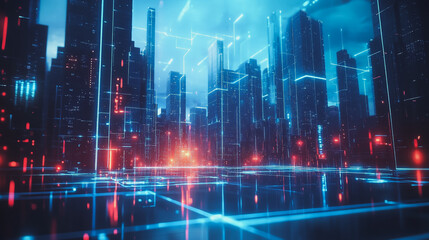 Smart Innovation city with connection cyber security network reciprocity over the sunset cityscape future wireless digital city and social media networking systems that connects people in the city
