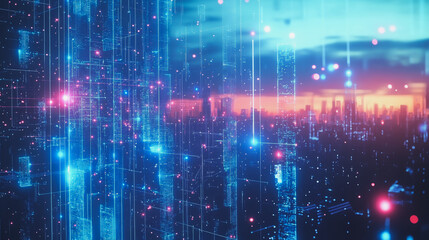 Obraz premium Smart Innovation city with connection cyber security network reciprocity over the sunset cityscape future wireless digital city and social media networking systems that connects people in the city