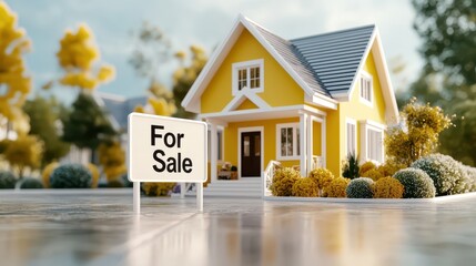 A vibrant yellow minimalist house with a For Sale sign in front, symbolizing the real estate market and home ownership opportunities