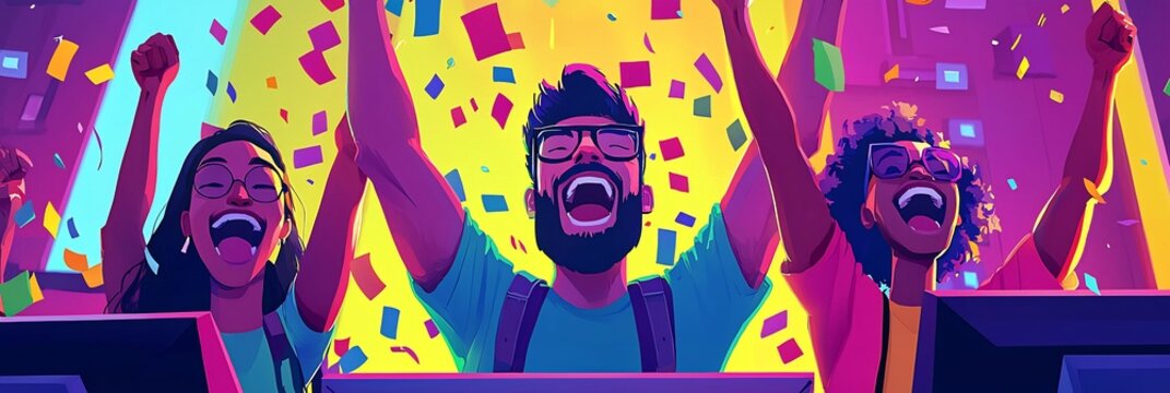 Team celebrating their success with a leader giving a congratulatory speech in a bright office clean flat 2D style