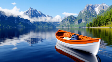 Obraz premium Rowboat Gliding Across a Serene Lake Enveloped in Mist With Mountains in the Background