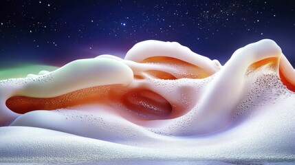 Dreamy abstract landscape with surreal foam-like formations under starlit night sky