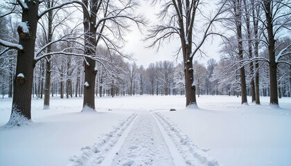 Snowy winter landscape with bare trees and footprints