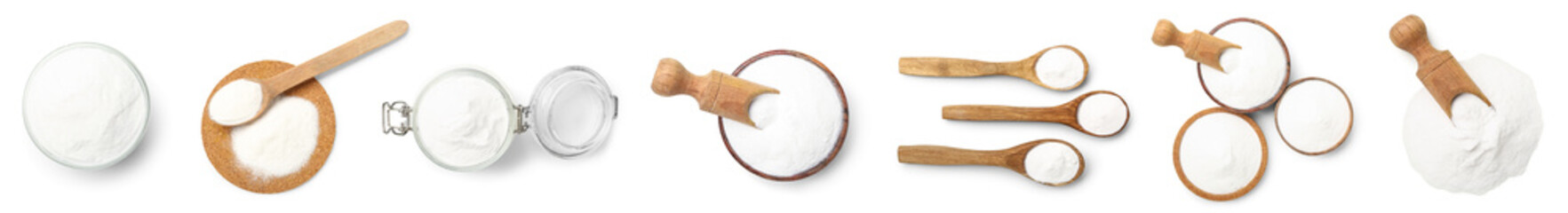 Set of baking soda on white background, top view