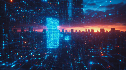 Fototapeta premium Smart Innovation city with connection cyber security network reciprocity over the sunset cityscape future wireless digital city and social media networking systems that connects people in the city