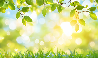 Vibrant spring background featuring fresh green leaves, bokeh effect, and lush grass. Ideal for nature, ecology, and wellness themes.
