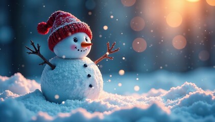Fototapeta premium Snowman with spiral snowflakes shining brightly around its body, snowy landscape, snowman