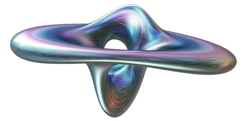 Abstract iridescent 3D render of a swirling metallic torus knot futuristic design