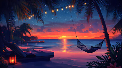 Serene tropical beach resort at dusk candles, hammock, and cozy pillows. concept tropical paradise, beach sunset, relaxation haven, evening ambiance. Starlit Lagoon. Illustration