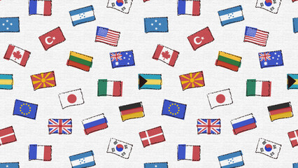 Fototapeta premium hand drawn flag motif seamless pattern on white background, vector graphic resources, 16:9 widescreen wallpaper / backdrop, 