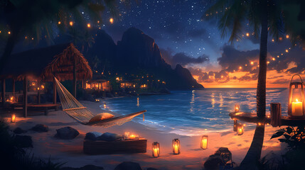 Serene tropical beach resort at dusk candles, hammock, and cozy pillows. concept tropical paradise, beach sunset, relaxation haven, evening ambiance. Starlit Lagoon. Illustration