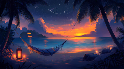 Serene tropical beach resort at dusk candles, hammock, and cozy pillows. concept tropical paradise, beach sunset, relaxation haven, evening ambiance. Starlit Lagoon. Illustration