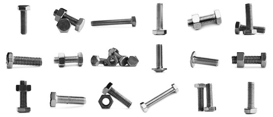 Set of many screws on white background