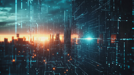 Fototapeta premium Smart Innovation city with connection cyber security network reciprocity over the sunset cityscape future wireless digital city and social media networking systems that connects people in the city