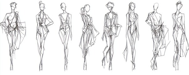 Continuous line art fashion figures, showcasing clothing designs and postures.