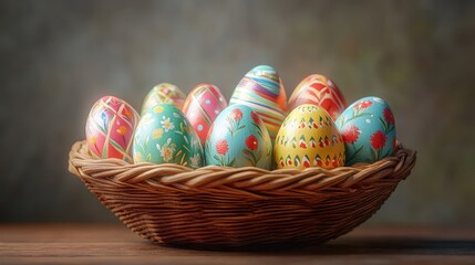 Fototapeta premium Colorful decorated easter eggs in a wicker basket for holiday celebration