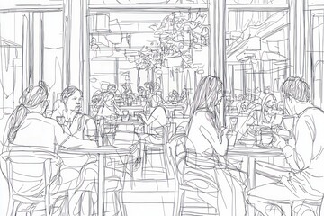 Continuous line art bustling cafes and diners, capturing the atmosphere and clientele.