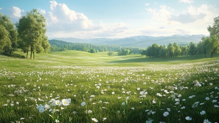 Beautiful spring meadow with easter eggs and blooming flowers in tranquil landscape