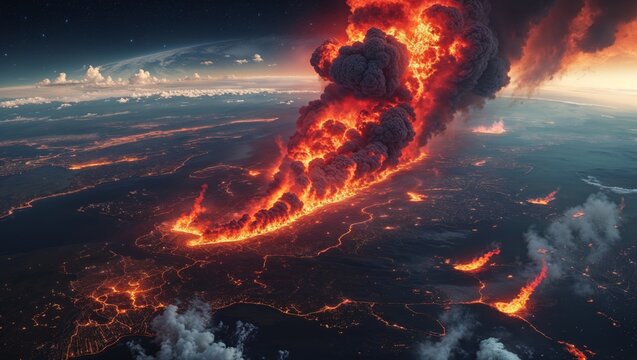 Volcanic eruption from space shows fiery lava flows and ash clouds across terrain