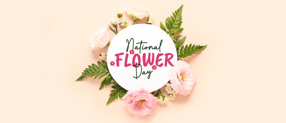 Composition with blank paper sheet and beautiful flowers on pink background