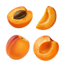 Set of fresh apricots, isolated on transparent background. Whole, half and slice.
