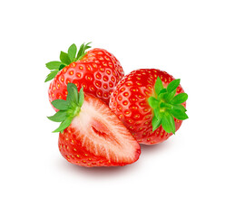Group of fresh juicy strawberries with half, isolated on white background