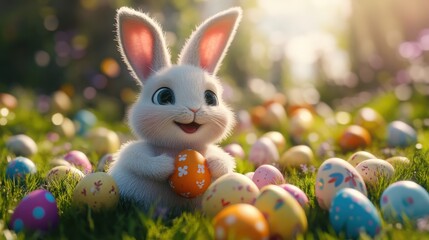 Adorable white easter bunny with colorful eggs in spring garden