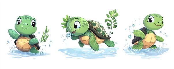 Obraz premium Playful green turtle cartoon illustrations swimming with water splashes and carrying plants in fun poses on a white background