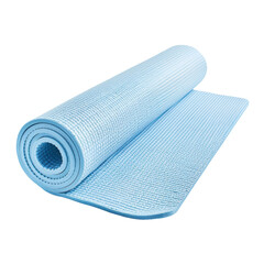 Exercise mat in blue ready for stretching routines and workout isolated on white