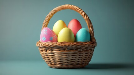 Colorful easter basket with decorated eggs on transparent background for holiday design