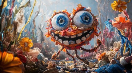 Fototapeta premium Vibrant and Playful Digital Depicting a Whimsical Cartoonish Monster Character with Exaggerated Colorful Eyes and Teeth Surrounded by a Surreal Abstract and Imaginative Environment