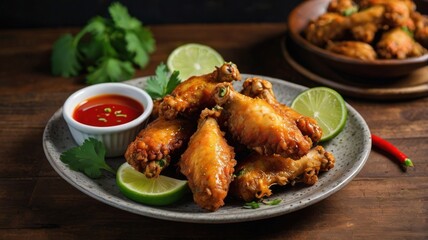 Fototapeta premium Golden Tom Yum Deep-Fried Chicken Wings with Cilantro and Lime