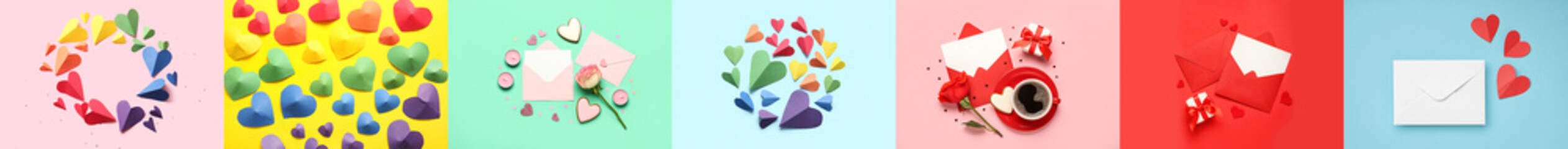 Collage of many paper hearts and envelopes on color background. Valentine's Day celebration
